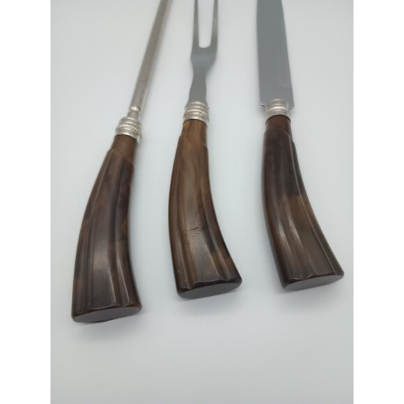 Sheffield Carving Set Bakelite Swirled Butterschotch MCM Fork Knife Sharpen Rod - Picture 3 of 10